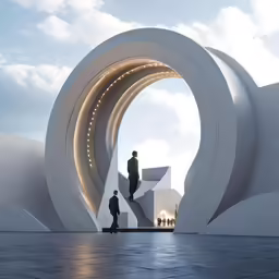 a photo of two people inside a huge, white piece