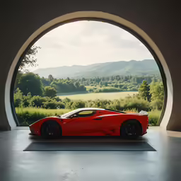 a red sports car sitting on top of a round window