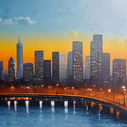 a city skyline lit up at night as seen from across the river