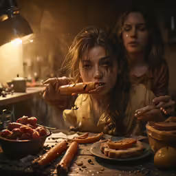 two people making donuts while eating in the kitchen