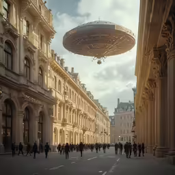 people walk down the sidewalk of an urban area under a giant object