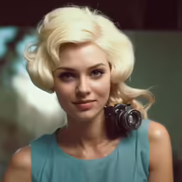 a woman holding a camera posing for the camera