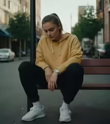 a young woman sits on the bench and stares at something