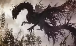 a dragon with an open beak flying through the air near trees
