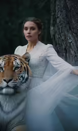 a woman in white and tiger fur posing with a tiger