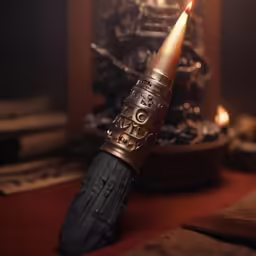 the pen is placed on the table next to the candle