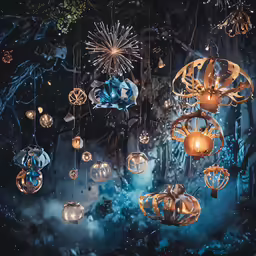 various decorative light bulbs hanging from a ceiling