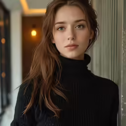 the girl is posing for a photograph in the building