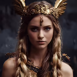 the beautiful model with long hair wearing gold jewelry