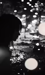 girl standing in front of lights and looking at a cell phone