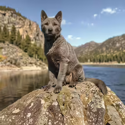 a dog sits on a rock near the water