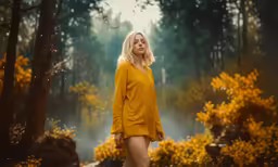 a woman in a yellow dress walking through the woods