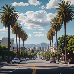 a busy city street has palm trees and cars