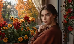 a woman standing by a window with flowers