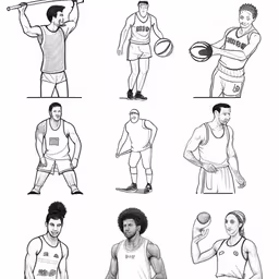 an illustrated image of different athletes,basketball drawing with black lines of the players,a drawing of some basketball players with different poses,an image of men doing different activities for physical practice,basketball player pose and posture drawing by david t strijl
