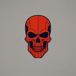 a red skull head sticker is shown on the side of a building,a picture of a orange skull on the wall