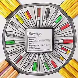 a circle that has some pencils inside of it,a poster with different colored pencils around it,the yellow and green pencils are arranged around the circular display,colored pencils arranged around the word bats on the bottom row,the color pencils surround the words batteyes
