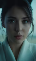 a woman with dark hair and a white shirt