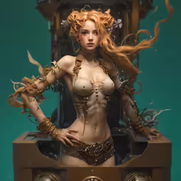 a female figure poses with various gadgets in front of a clock
