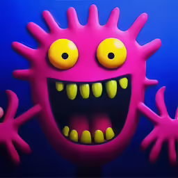 a pink monster looking over its head and smiling