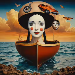 a woman with a clown nose standing in the ocean next to a boat,a woman with a hat floating in the ocean