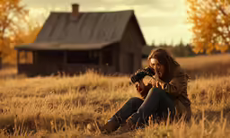 a person sitting in a field with a camera