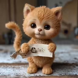 an orange cat holding a tag in its paws