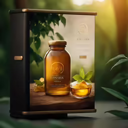 the box is holding a jar of honey