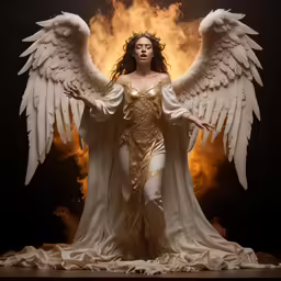 a woman dressed as an angel standing in front of a fire