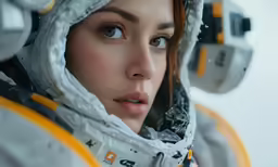 a woman is looking over her shoulder in an astronaut suit