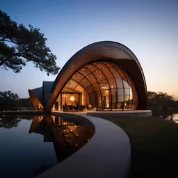 a unique house built out of glass near the water