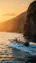 a small motor boat is moving through the ocean