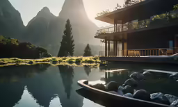 a boat on water near a large house