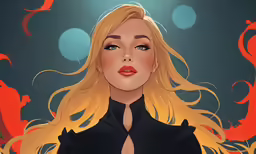 a girl with long blond hair in a black dress
