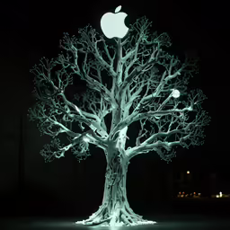 a light sculpture of a tree with an apple
