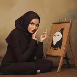 a woman sits in front of an easel next to a cat painting