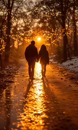 two people walk on the path at dusk as the sun is shining through the trees