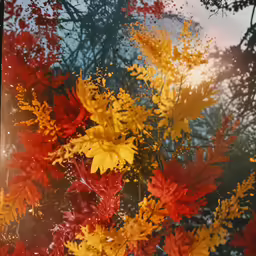 red, yellow and green leaves behind a glass