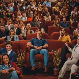 an audience in the audience with the audience sitting behind a red couch