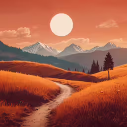 a painting of a sunset over the mountains,an image of the sun setting in the sky over the mountains