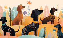 two dogs stand in the woods in front of trees