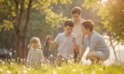 the family is playing with each other outside