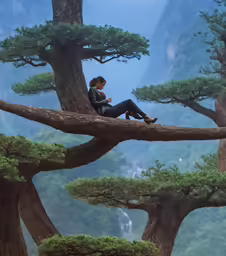 a young woman sitting on a tree branch next to a waterfall