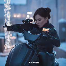 a woman is holding a rifle on a scooter