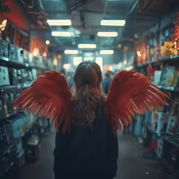 a woman with large red wings in a store