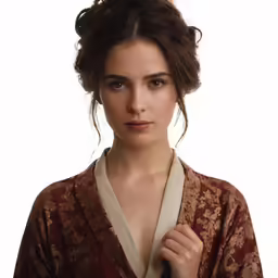 a woman with hair in a topknot is standing