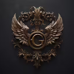 a decorative wall with two gold wings over the letter g