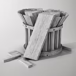 a barrel with wooden planks inside it, and pieces out of the basket