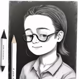 a pencil drawing of a young girl with glasses