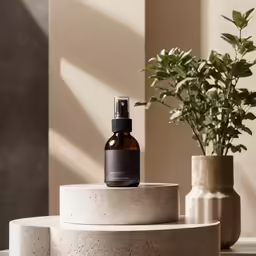 the top of a potted plant is sitting next to two bottles